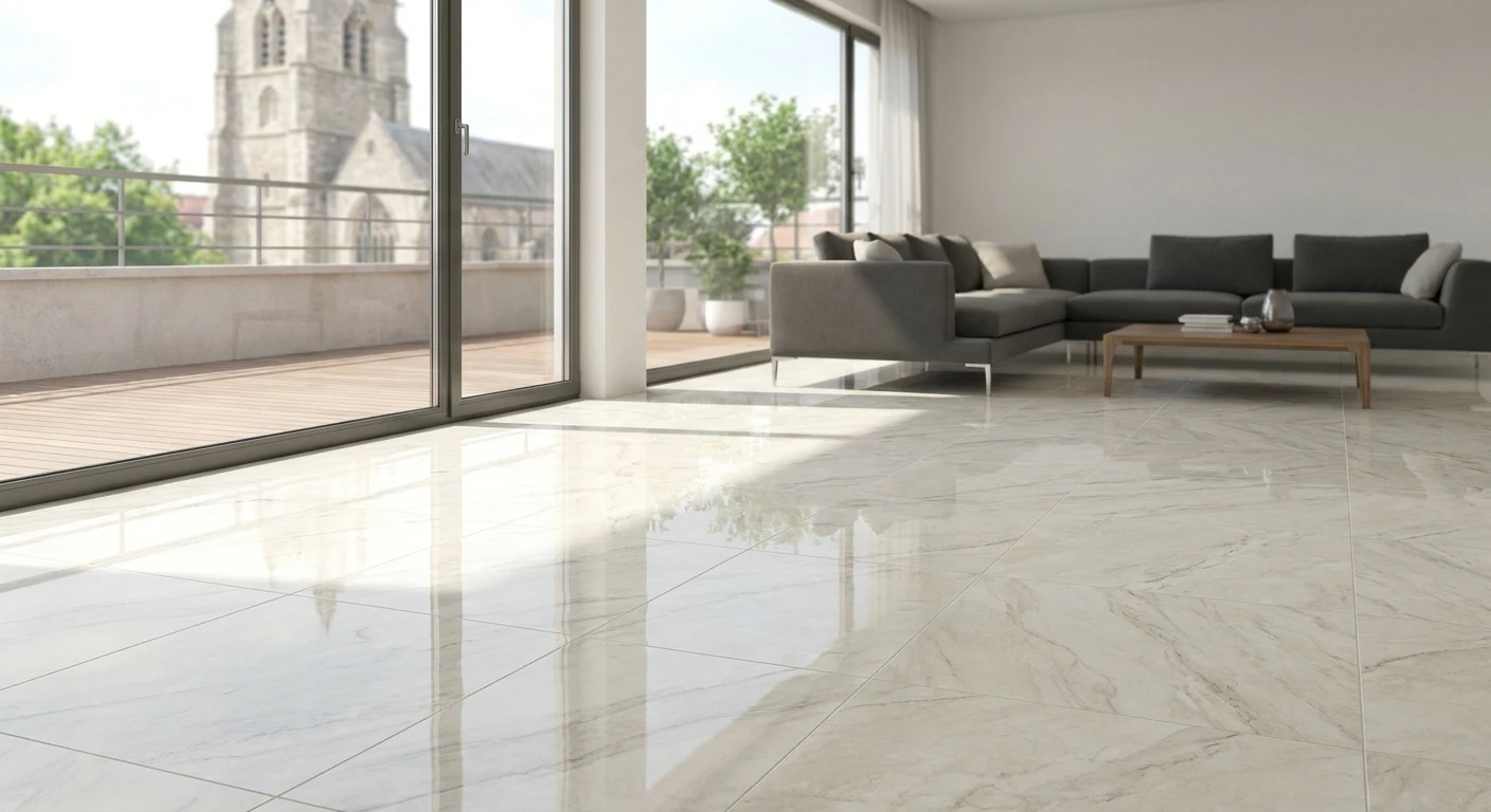 Espace intérieur commercial vaste avec sol en carrelage grand format gris marbré