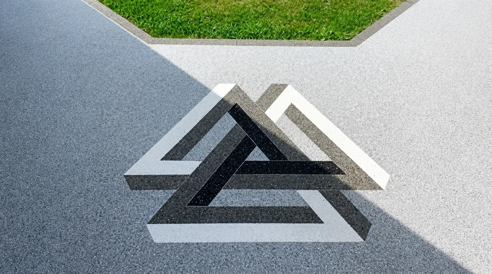 Sol en terrazzo bicolore (gris foncé et gris clair) avec motif géométrique intégré représentant trois triangles entrelacés formant une illusion d'optique de type triangle de Penrose