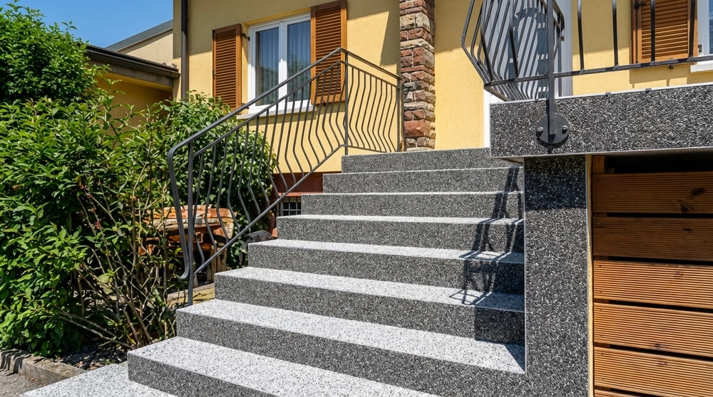 Escalier extérieur en granit gris flammé, 6 marches avec contremarches, flanqué de murs habillés en granit