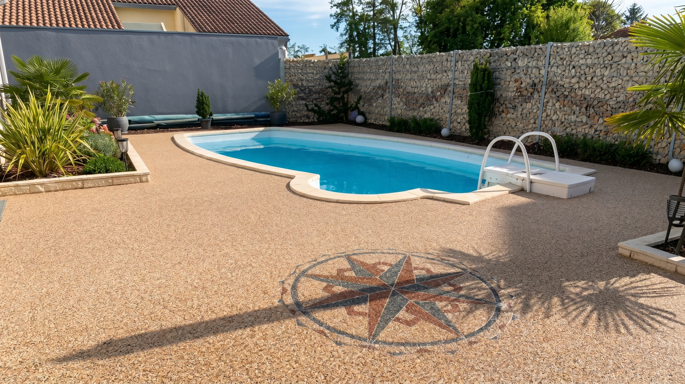 Gros plan d'une terrasse extérieure récemment posée en moquette de pierre de qualité premium, avec une texture visible montrant les petites pierres agglomérées dans une teinte naturelle (gris clair ou beige), mettant en évidence le fini professionnel et la finition lisse du revêtement. La photo doit montrer clairement le revêtement au sol, bien éclairée en lumière naturelle, pouvant inclure discrètement une partie d'habitation moderne ou de jardin paysager en arrière-plan pour le contexte résidentiel.