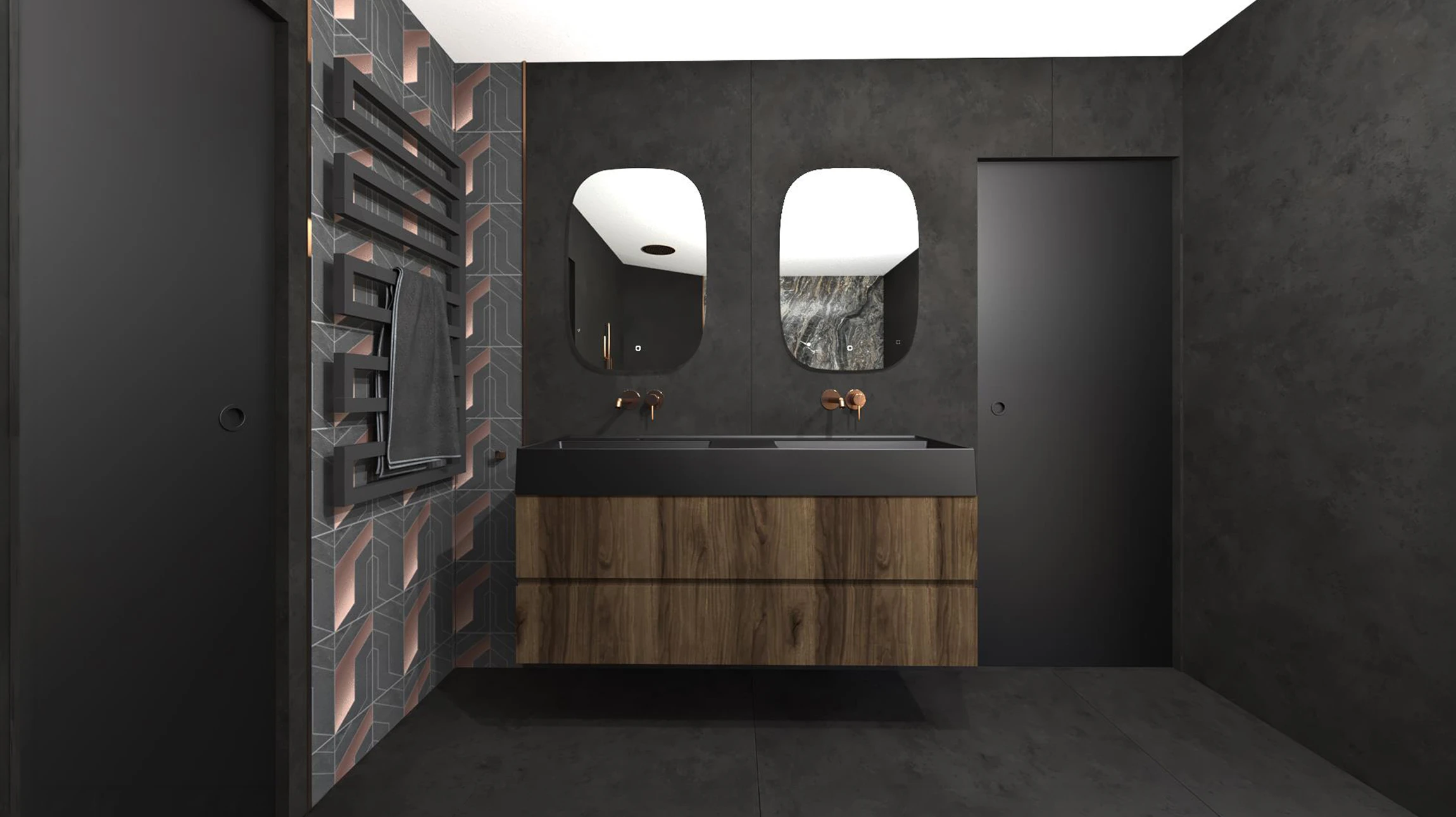 Salle de bain moderne avec double vasque encastrée, meuble-lavabo blanc à tiroirs avec poignées noires, plan de travail en quartz blanc veiné