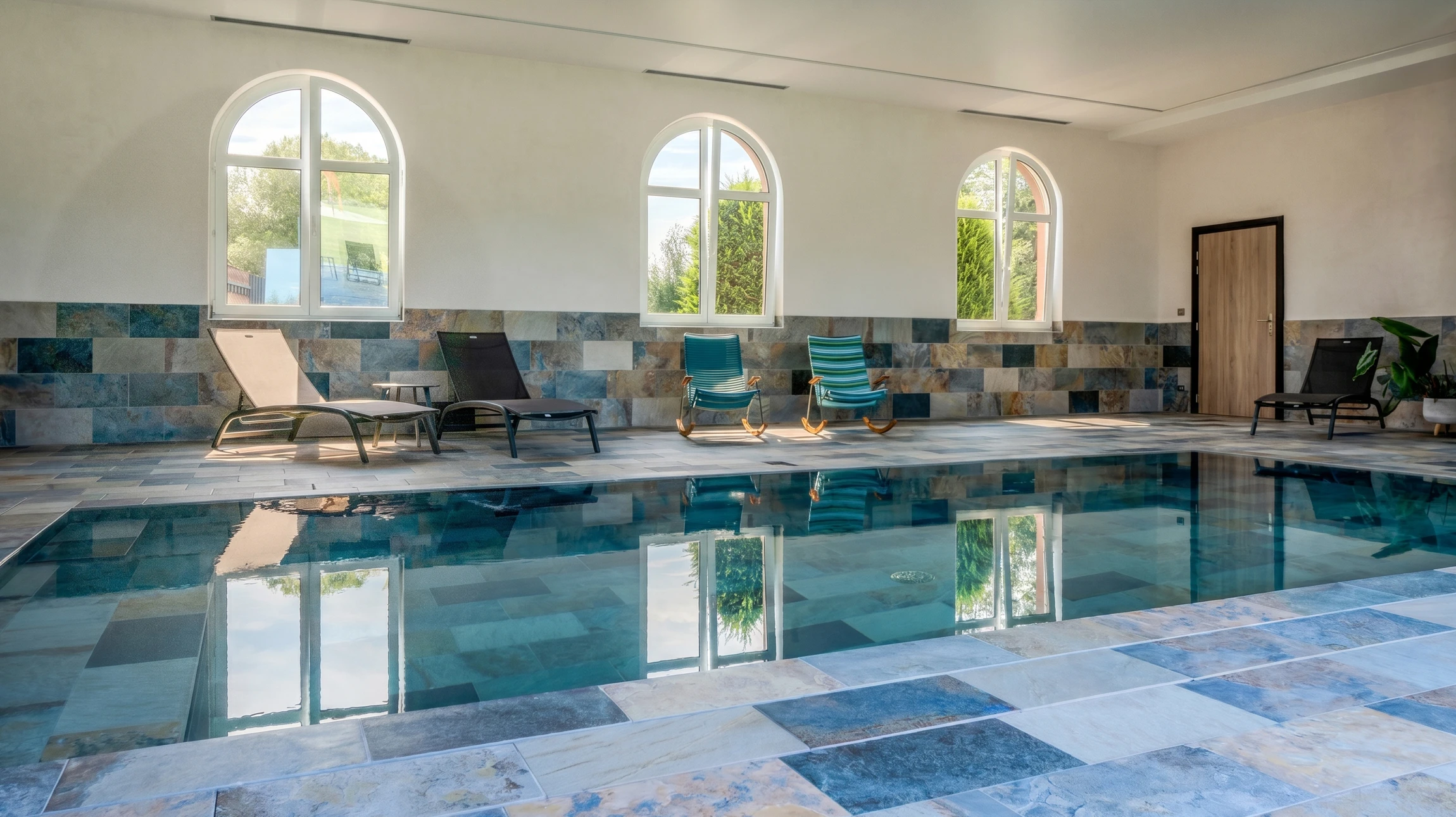 Salon de r&eacute;ception luxueux avec deux fauteuils club en cuir bicolore (vert fonc&eacute;/cr&egrave;me), encadrant une table basse ronde en m&eacute;tal vert